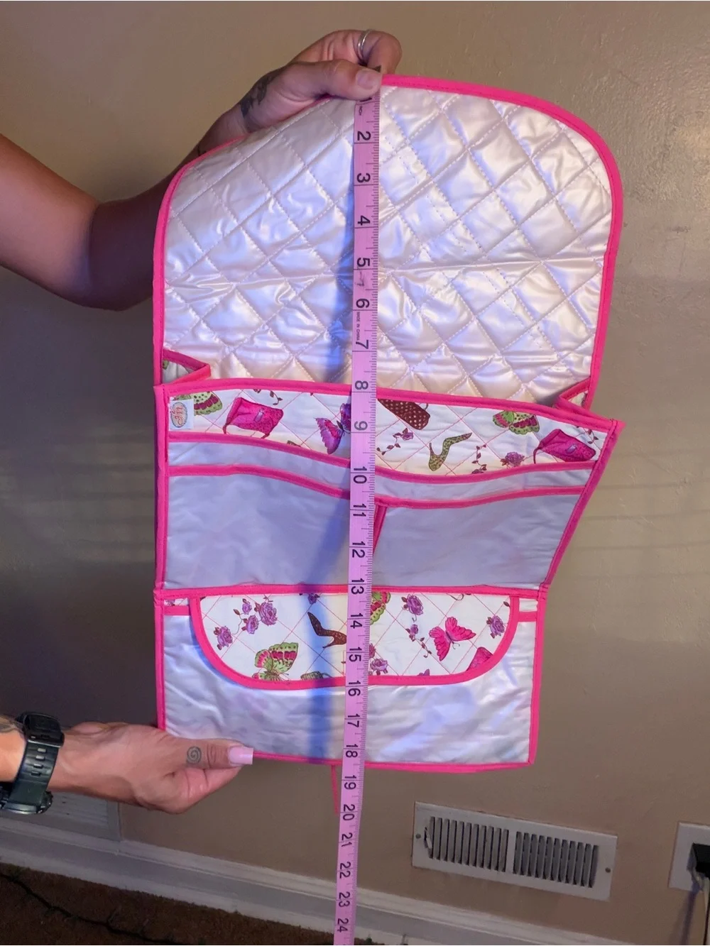 Girly Quilted Travel Cosmetic Bag - Hot Pink Trim